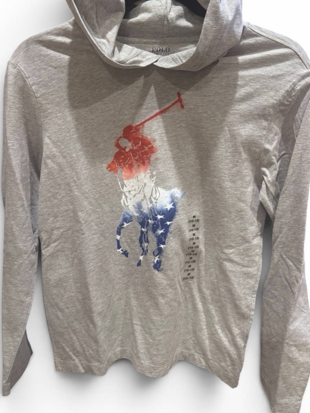 Polo Ralph Lauren Youth M (10-12) Patriotic Big Pony Hooded Tee Gray 100% Cotton